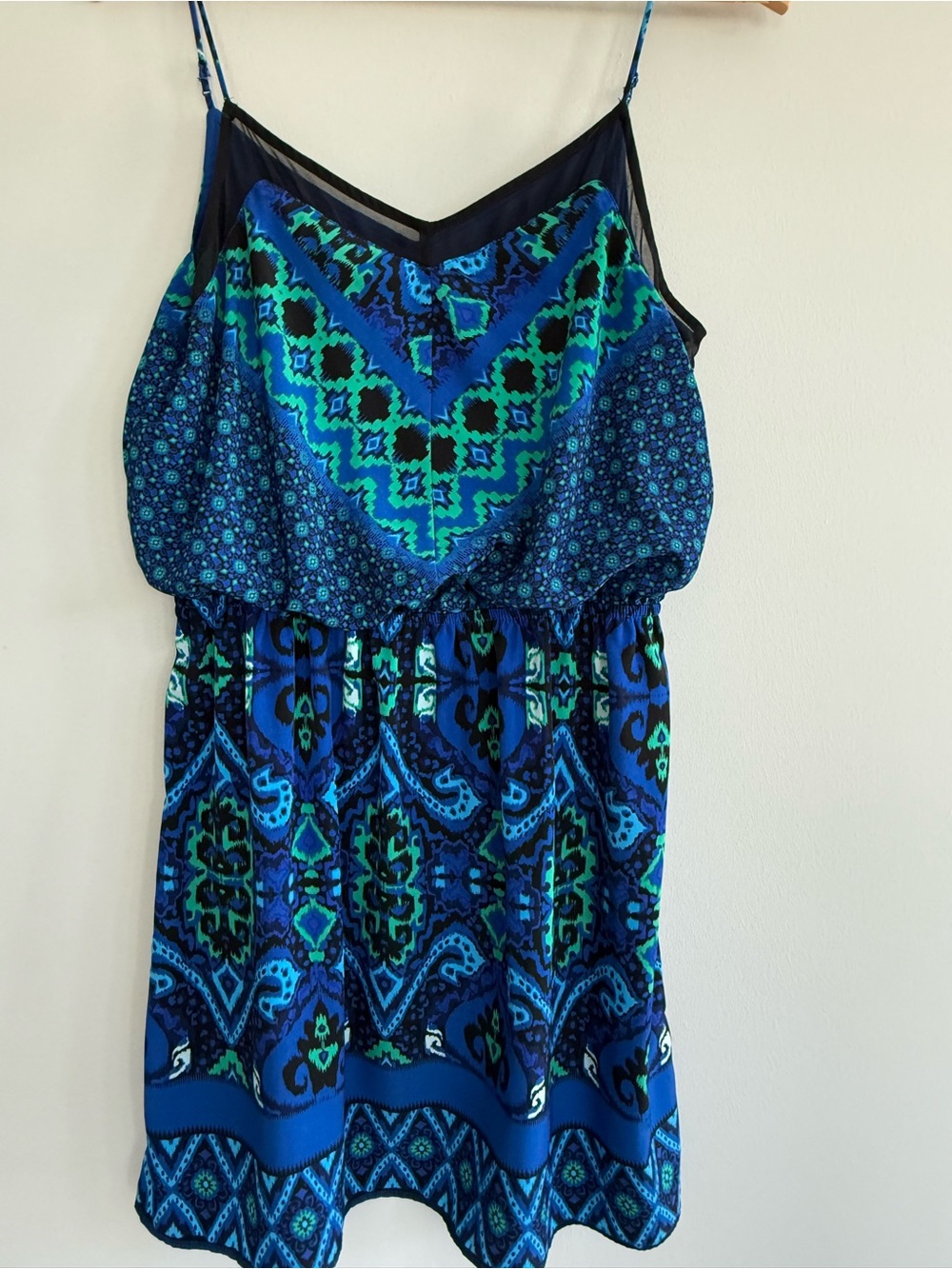 Express - Blue & Green Printed Spaghetti-Strap Dress